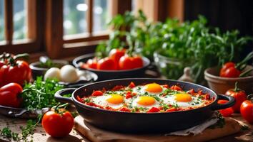 AI generated Delicious appetizing shakshuka on the table photo