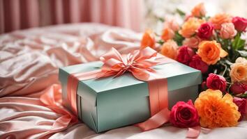 AI generated Beautiful gift box, flowers in the bedroom photo