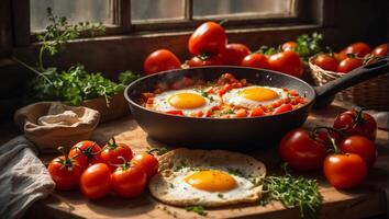 AI generated Delicious appetizing shakshuka on the table photo