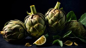 AI generated Group of fresh whole artichokes photo