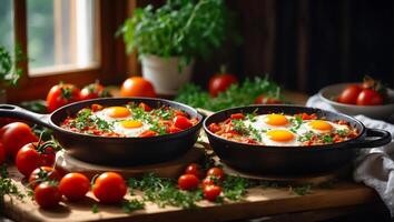 AI generated Delicious appetizing shakshuka on the table photo