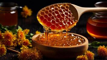 AI generated honey with honeycomb photo