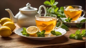 AI generated Hot tea with lemon, mint in the kitchen photo