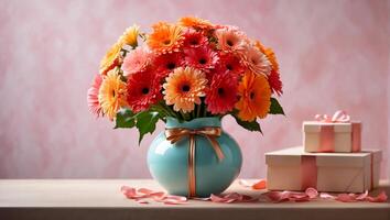 AI generated Beautiful gerbera flowers, gift box on the table photo
