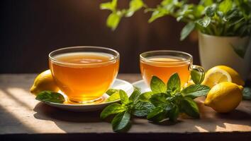 AI generated Hot tea with lemon, mint in the kitchen photo