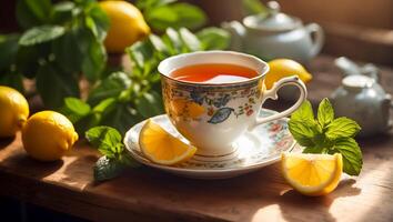 AI generated Hot tea with lemon, mint in the kitchen photo