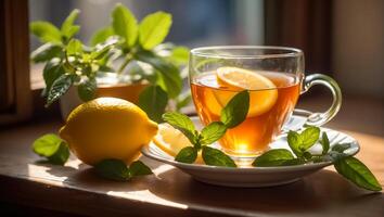 AI generated Hot tea with lemon, mint in the kitchen photo