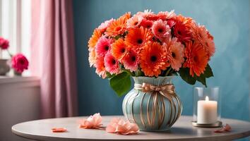 AI generated Beautiful gerbera flowers, gift box on the table photo