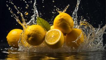 ai generado Fresco maduro limones, agua gotas, chapoteo foto