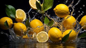 ai generado Fresco maduro limones, agua gotas, chapoteo foto