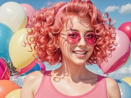 AI generated Beautiful girl in sunglasses, balloons photo