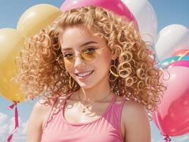 AI generated Beautiful girl in sunglasses, balloons photo
