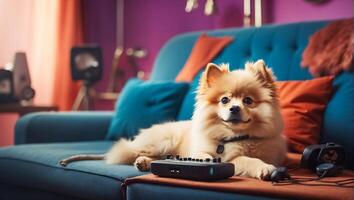 AI generated Cute dog on the sofa with remote control photo