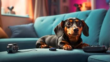 AI generated Cute dog on the sofa with remote control photo