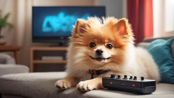 AI generated Cute dog on the sofa with remote control photo