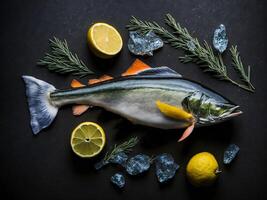 ai generado crudo pescado con limón en el mesa foto