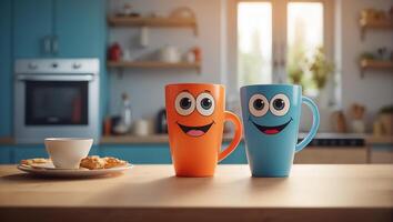 AI generated Cute funny cup with eyes and smile in the kitchen photo