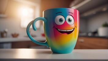 AI generated Cute funny cup with eyes and smile in the kitchen photo
