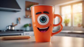 AI generated Cute funny cup with eyes and smile in the kitchen photo