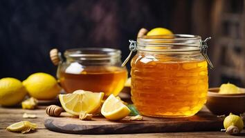 ai generado vaso tarro con Miel, limón en el mesa foto