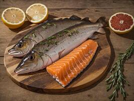 ai generado crudo pescado con limón en el mesa foto