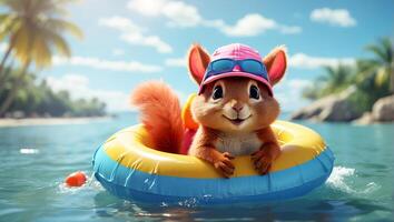 AI generated Cute squirrel in a swimming circle at sea funny photo