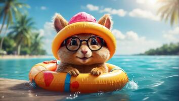 AI generated Cute squirrel in a swimming circle at sea funny photo