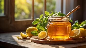 ai generado vaso tarro con Miel, limón en el mesa foto