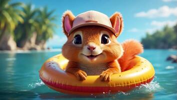 AI generated Cute squirrel in a swimming circle at sea funny photo