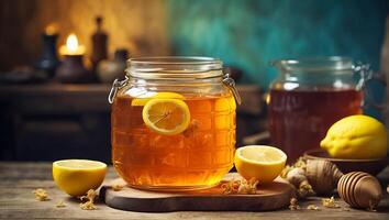 AI generated Glass jar with honey, lemon on the table photo