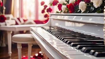 AI generated white piano, flowers close-up photo