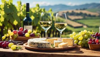AI generated Various sliced cheeses on plates, fresh grapes, glasses of wine stand on the table against the backdrop of a vineyard photo
