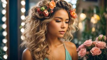 AI generated Beautiful girl with flowers photo