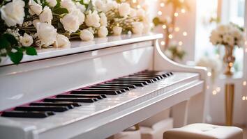 AI generated white piano, flowers close-up photo