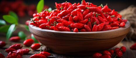 AI generated Fresh goji berries on a rustic wooden table. photo