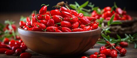 AI generated Fresh goji berries on a rustic wooden table. photo