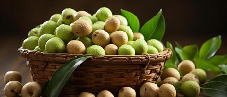 AI generated Rustic scene of fresh macadamia nuts in a wooden bowl. photo