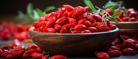 AI generated Fresh goji berries on a rustic wooden table. photo