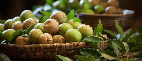 AI generated Rustic scene of fresh macadamia nuts in a wooden bowl. photo