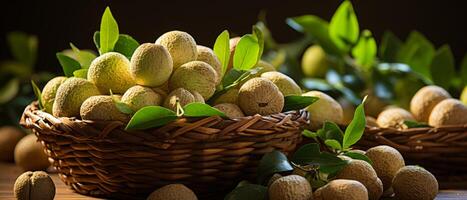 AI generated Rustic scene of fresh macadamia nuts in a wooden bowl. photo