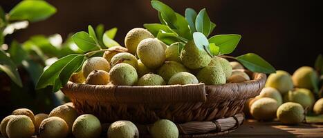 AI generated Rustic scene of fresh macadamia nuts in a wooden bowl. photo