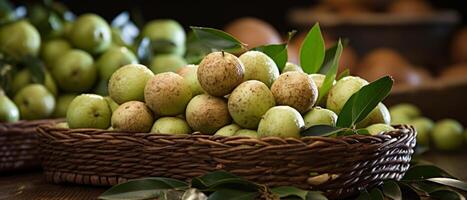 AI generated Rustic scene of fresh macadamia nuts in a wooden bowl. photo