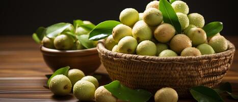 AI generated Rustic scene of fresh macadamia nuts in a wooden bowl. photo