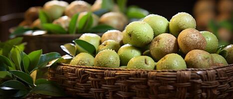 AI generated Rustic scene of fresh macadamia nuts in a wooden bowl. photo
