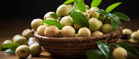 AI generated Rustic scene of fresh macadamia nuts in a wooden bowl. photo