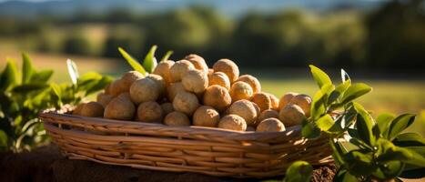 AI generated Rustic scene of fresh macadamia nuts in a wooden bowl. photo