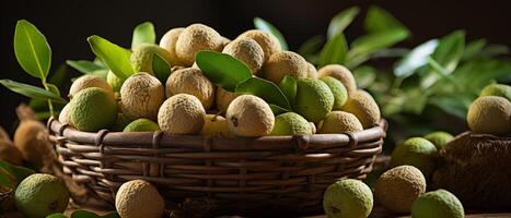 AI generated Rustic scene of fresh macadamia nuts in a wooden bowl. photo