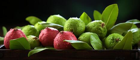 AI generated Fresh guavas and limes in a wooden box. photo