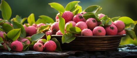 AI generated Fresh guavas and limes in a wooden box. photo