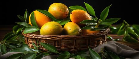 AI generated Juicy ripe mangoes in a rustic basket. photo